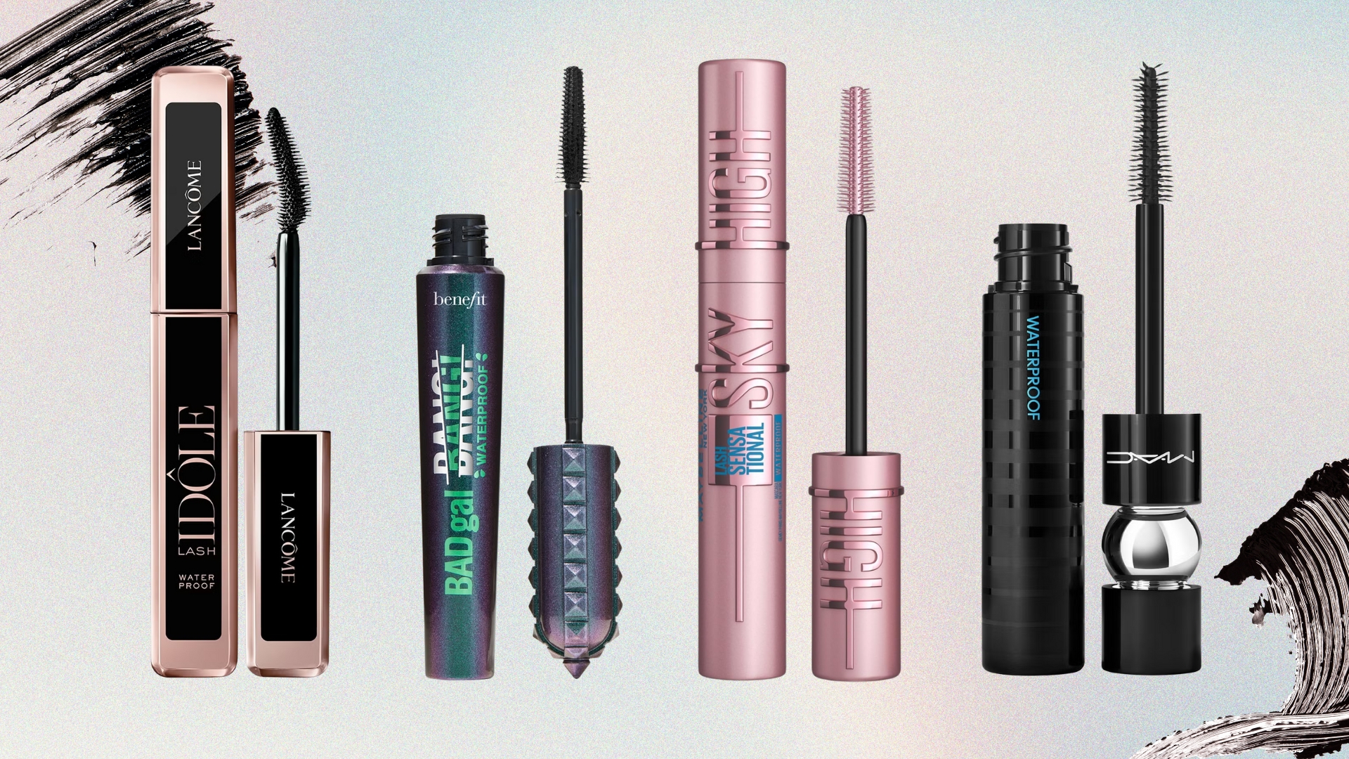 Collage of the best waterproof mascaras on a pastel watercolour background with mascara swatches