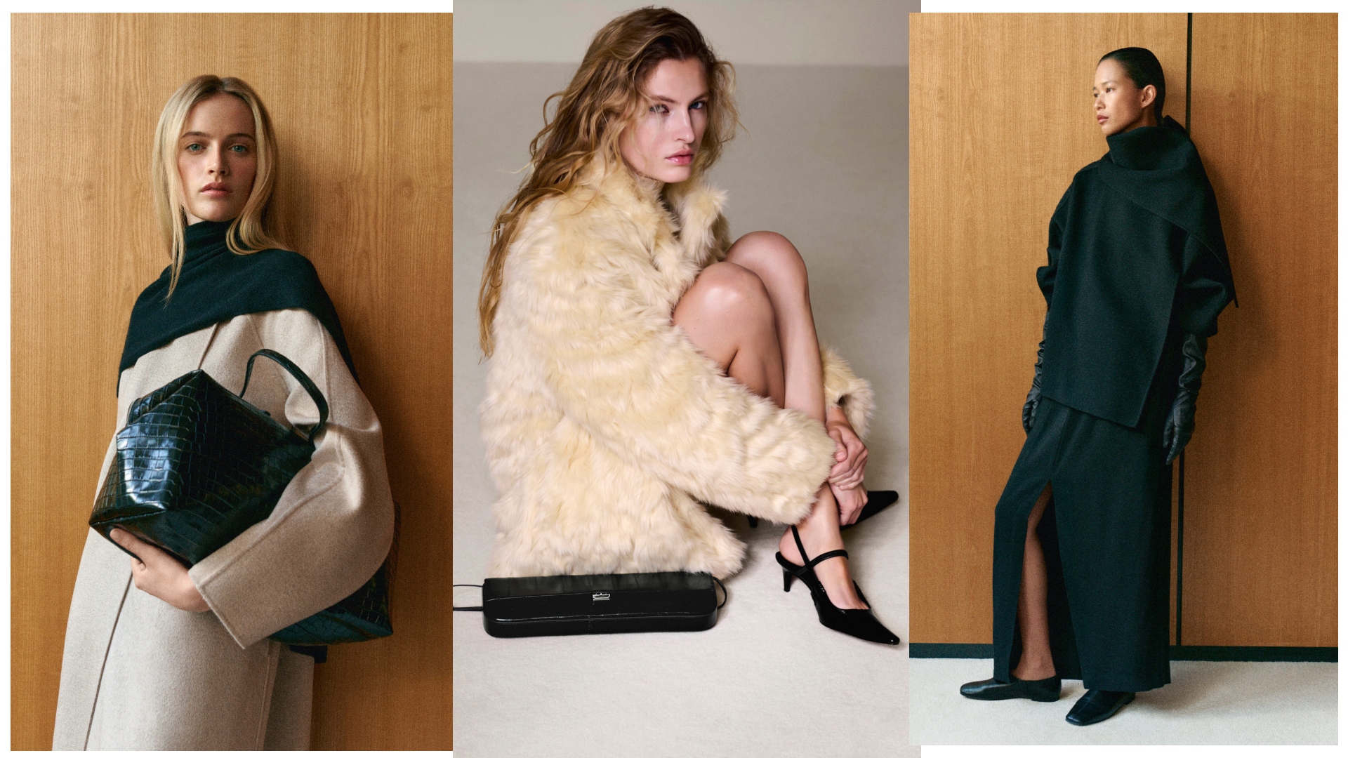 Cos models wearing crocodile bags, fur coat, and a draped jacket
