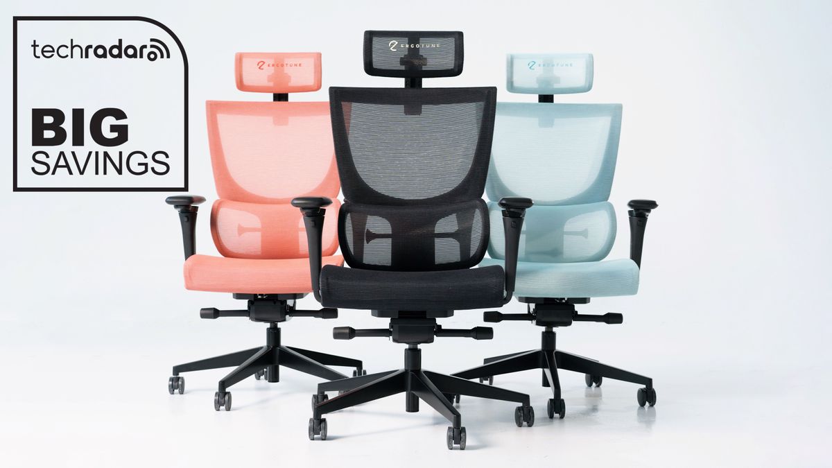 Three ErgoTune Supreme chairs on a white background with a TechRadar deals logo for big savings