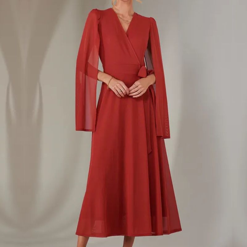 red midi dress with cape sleeves