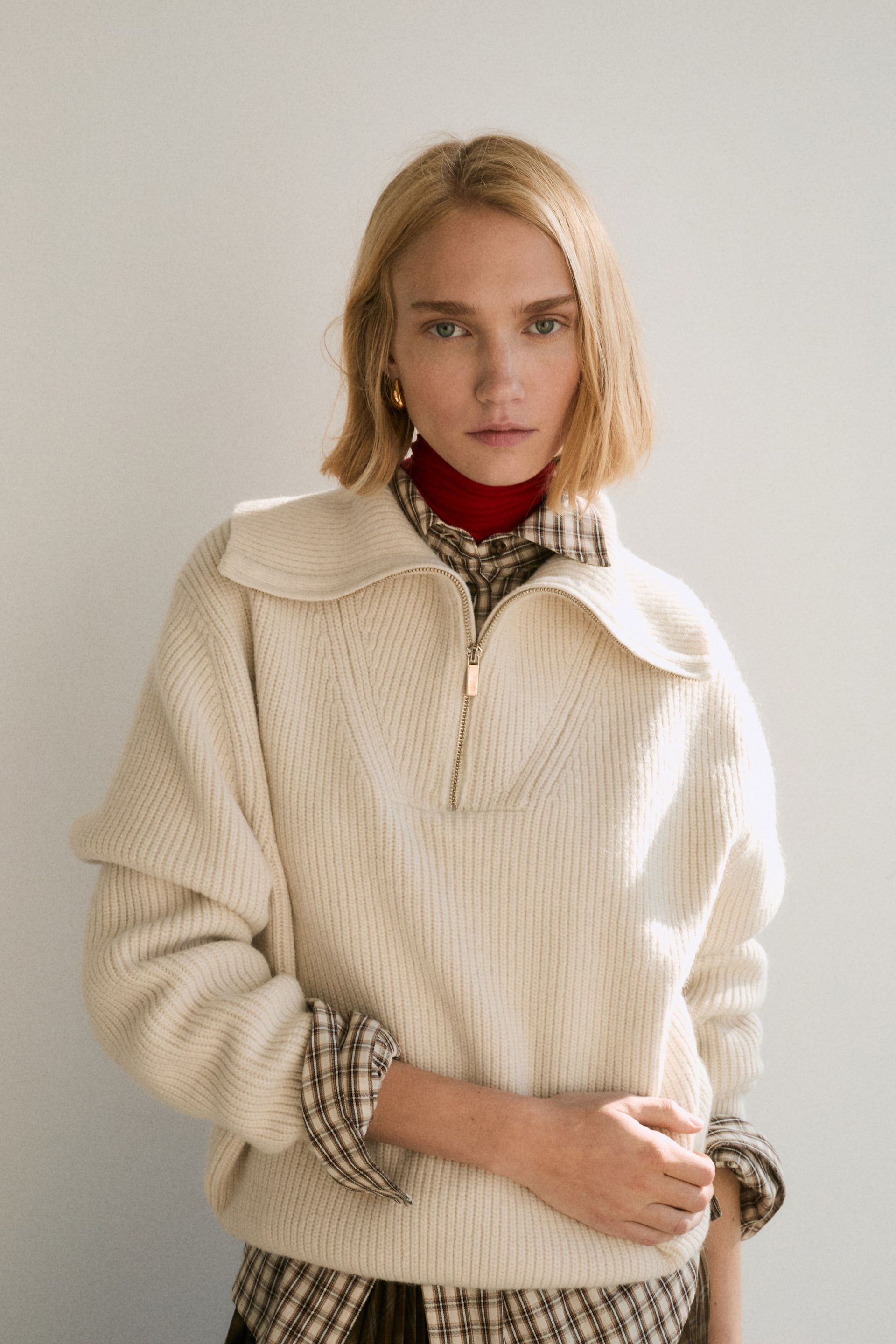 Rib-Knit Half-Zip Sweater - Cream