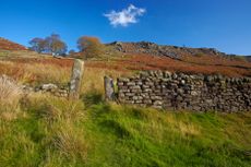 Path through drystone wall leading up to the gritstone escarpment of Baslow Edge above the village of Curbar in the Peak Distric