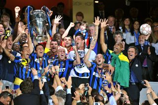 Inter captain Javier Zanetti lifts the Champions League trophy, 2010