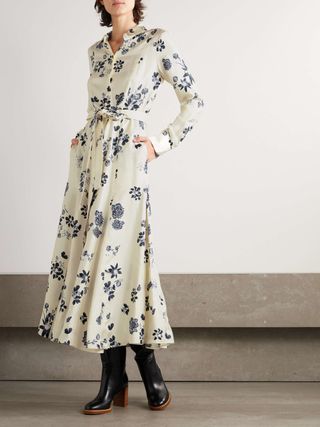 Galway Belted Pleated Floral-Print Silk-Twill Midi Dress