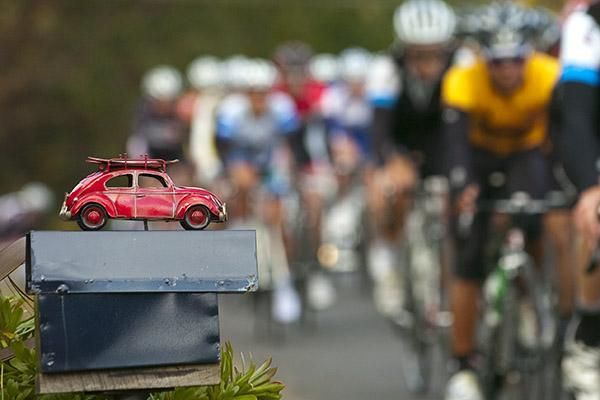 Surfs up: A letter-box with a surfing feel to it as the peloton roll by in West Mooreville.
