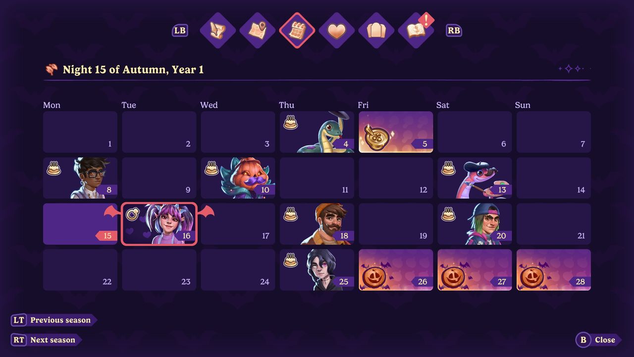 Moonlight Peaks - Autumn calendar showing the player's wedding to Mina scheduled for Autumn 16