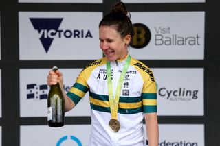 Amanda Spratt celebrates her last Australian elite road race title, won in 2020