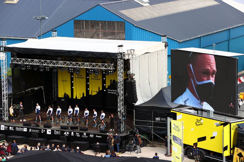 BREST FRANCE JUNE 24 Rick Zabel of Germany Andr Greipel of Germany Chris Froome of The United Kingdom Omer Goldstein of Israel Reto Hollenstein of Switzerland Guillaume Boivin of Canada Dan Martin of Ireland Michael Woods of Canada and Team Israel StartUp Nation during the 108th Tour de France 2021 Team Presentation Public Fans Landscape Covid safety measures LeTour TDF2021 on June 24 2021 in Brest France Photo by Michael SteeleGetty Images
