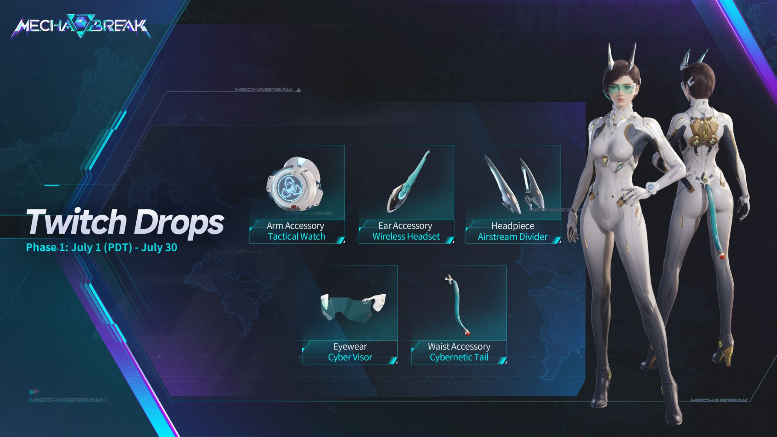 Mecha Break Twitch Drops: An overview of the available rewards, with front and back view of a character wearing the items.