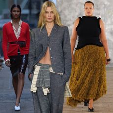 a collage of women at new york fashion week wearing layered outfits