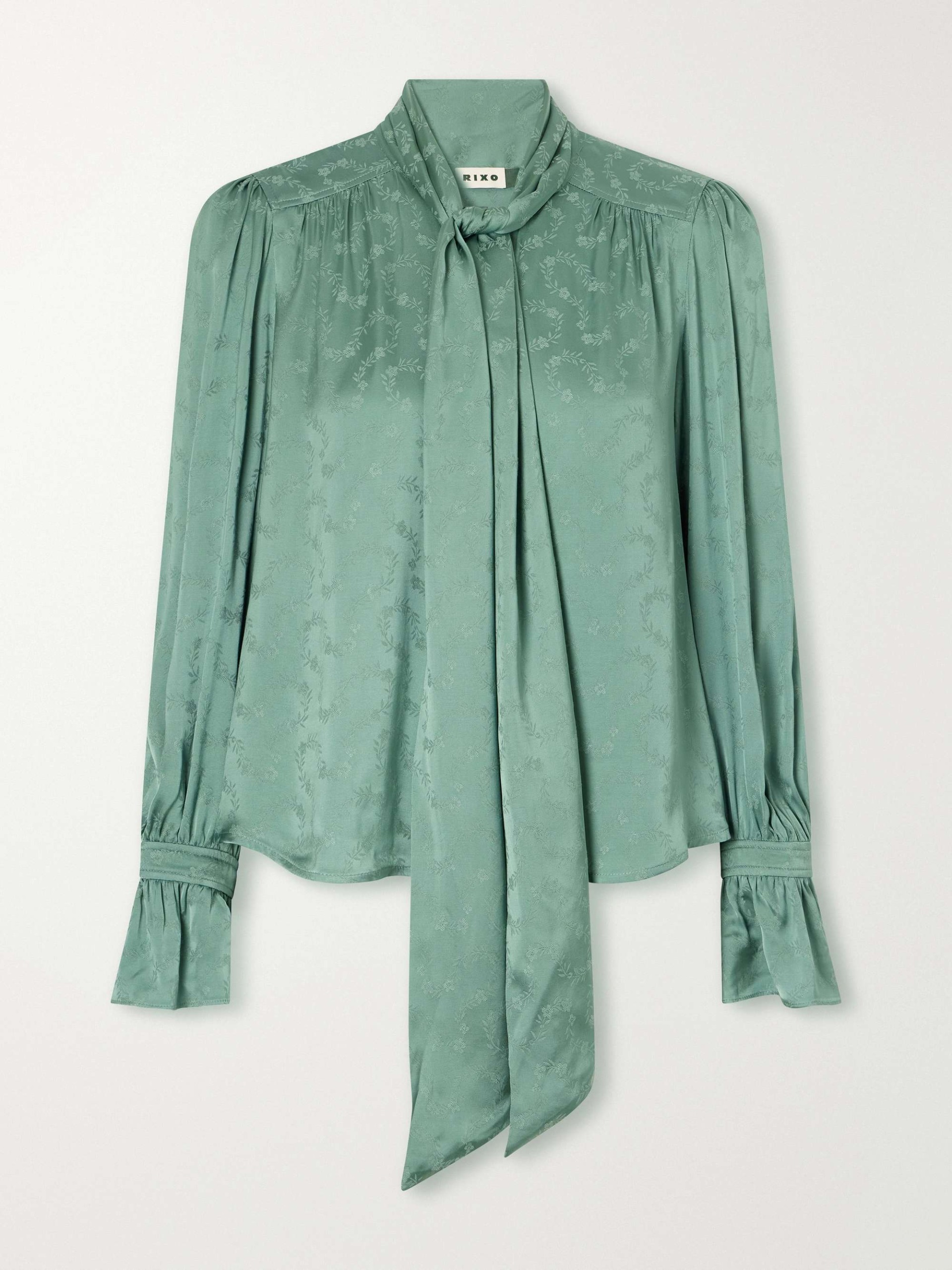 Evanora Pussy-Bow Gathered Floral-Jacquard Satin Blouse