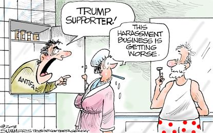Political cartoon U.S. Trump supporter ANTIFA harassment voters