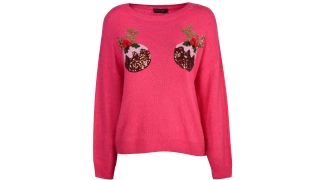 best christmas jumpers illustrated by a jumper featuring two sequin Christmas puddings