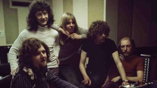 Rock band the Strawbs in the recording studio