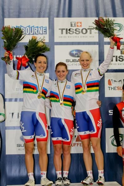 The British women on the podium after winning the team pursuit world championship.