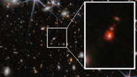 Three panels are shown showing an increasingly small area of the PRIMER galaxy field. The first image shows a large field of galaxies on the black background of space. The second image shows a smaller region from this field, revealing the galaxies in closer detail, appearing in a variety of shapes and colours. The final image shows the ZS7 galaxy system, revealing the ionised hydrogen emission in orange and the doubly ionised oxygen