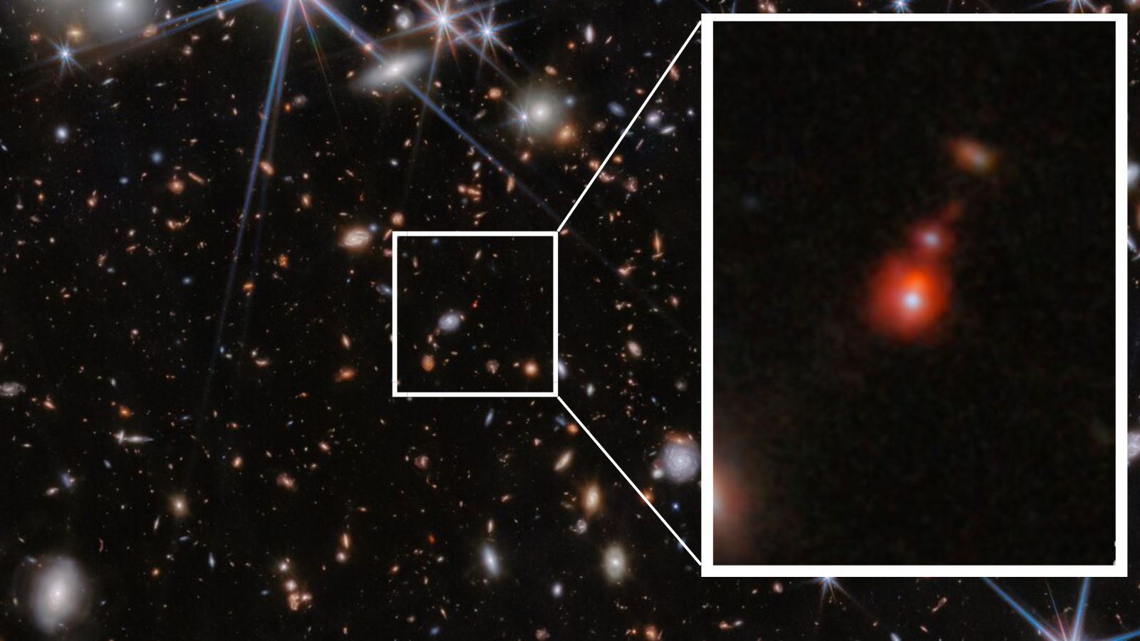 سه پانل نشان داده شده است که یک منطقه کوچکتر از میدان کهکشان PRIMER را نشان می دهد.  تصویر اول میدان بزرگی از کهکشان ها را در پس زمینه سیاه فضا نشان می دهد.  تصویر دوم ناحیه کوچکتری از این میدان را نشان می‌دهد که کهکشان‌ها را با جزئیات نزدیک‌تر نشان می‌دهد و در اشکال و رنگ‌های مختلف ظاهر می‌شود.  تصویر نهایی سیستم کهکشانی ZS7 را نشان می دهد که انتشار هیدروژن یونیزه شده در رنگ نارنجی و اکسیژن یونیزه مضاعف را نشان می دهد.