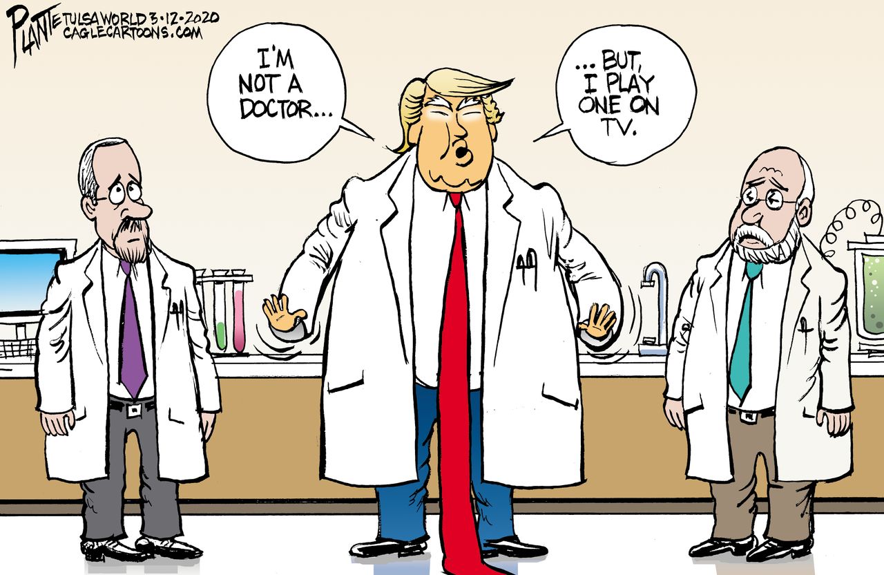 Political Cartoon U.S. Trump Coronavirus doctor response television acting