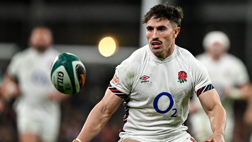 Cadan Murley of England watches the rugby ball come towards him during the 2025 Guinness Six Nations Rugby Championship.