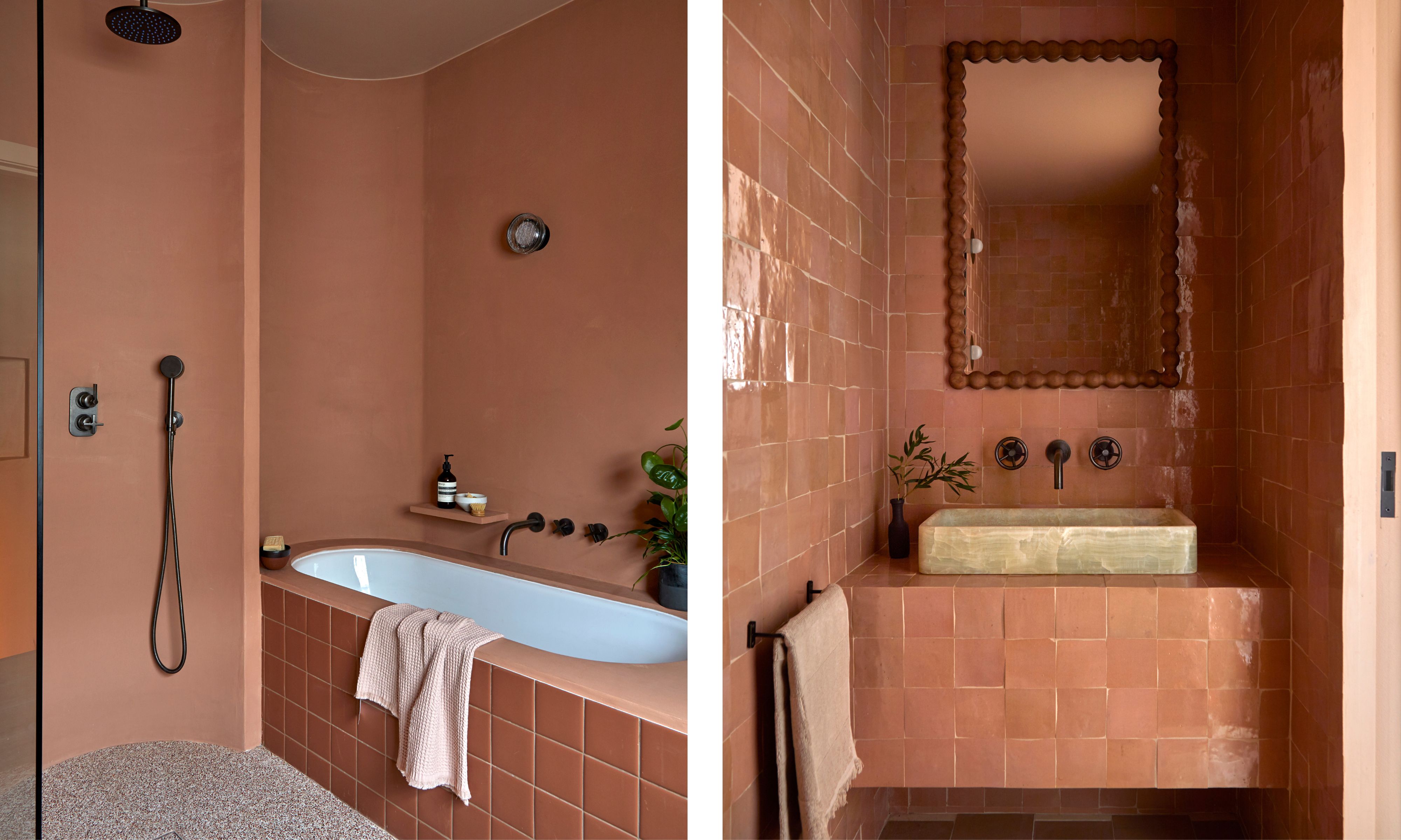 two shots of two peach toned bathrooms, one with a shower niche, one with a stone sink