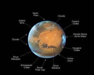 Annotated view of Mars as it was observed shortly before opposition in May 2016 by the NASA/ESA Hubble Space Telescope.