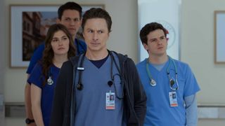 Sam, Blake, J.D, and Asher walking down a hall in Scrubs season 10 episode 7