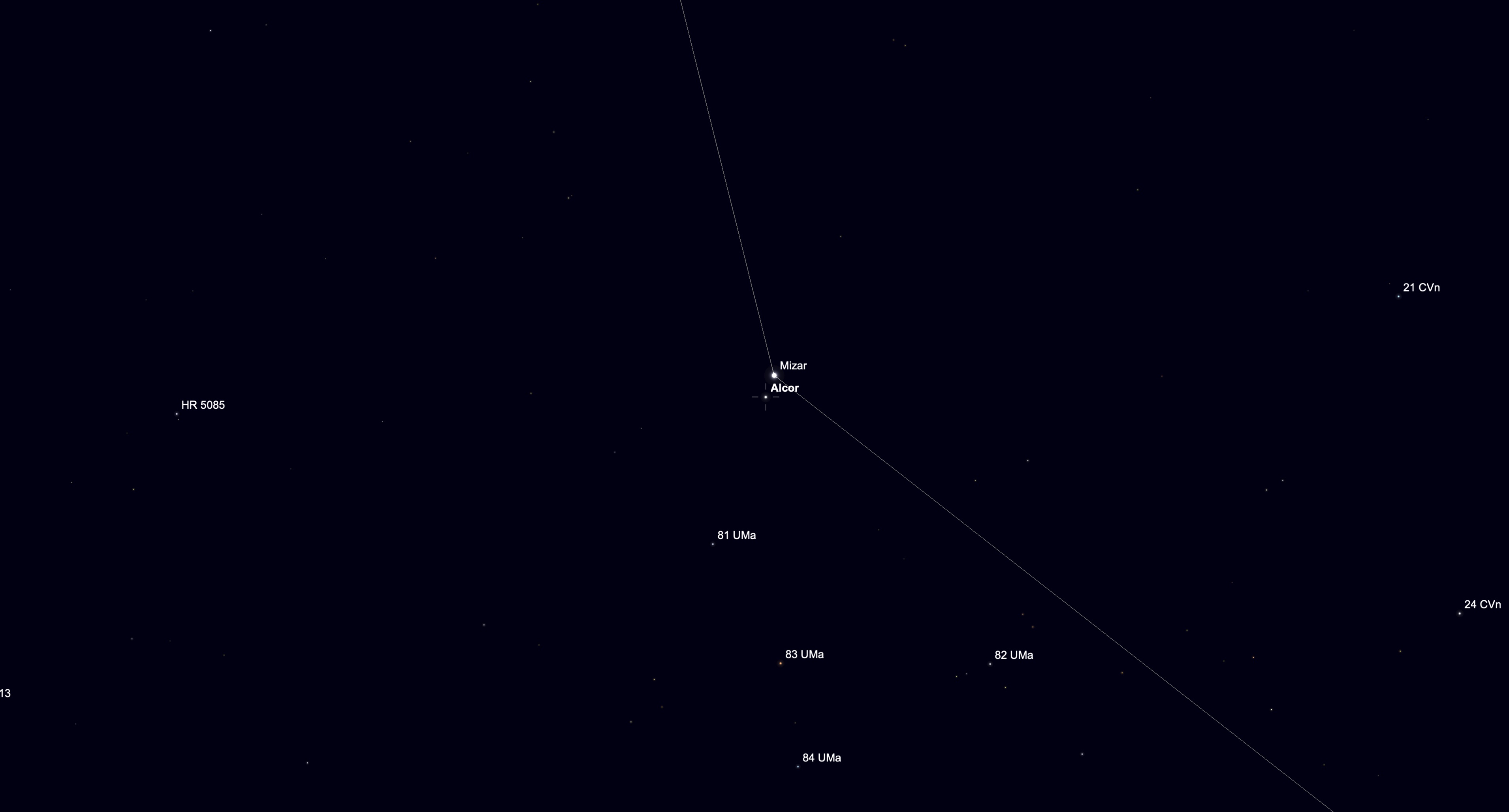 A simulation of the night sky for April 15 showing the bright star Mizar close to dimmer Alcor in the constellation Ursa Major in a black sky dotted with lesser stars.