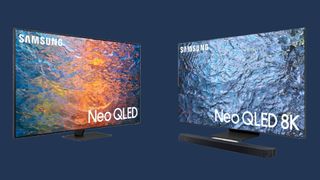 Samsung 4K and 8K Neo QLED TVs on blue background