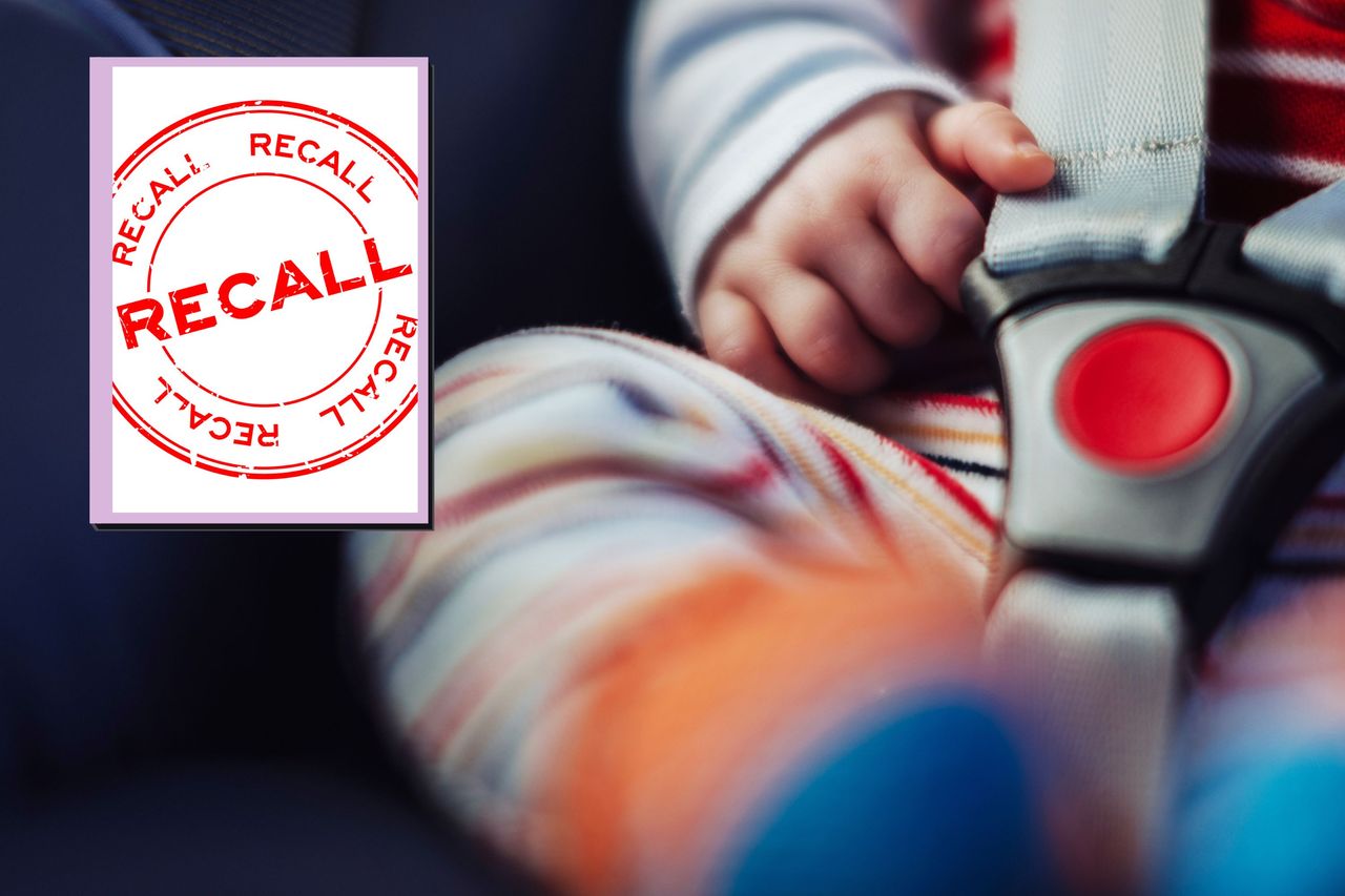 Baby car seat and drop in of a recall logo