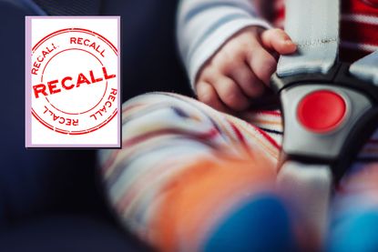 Baby car seat and drop in of a recall logo