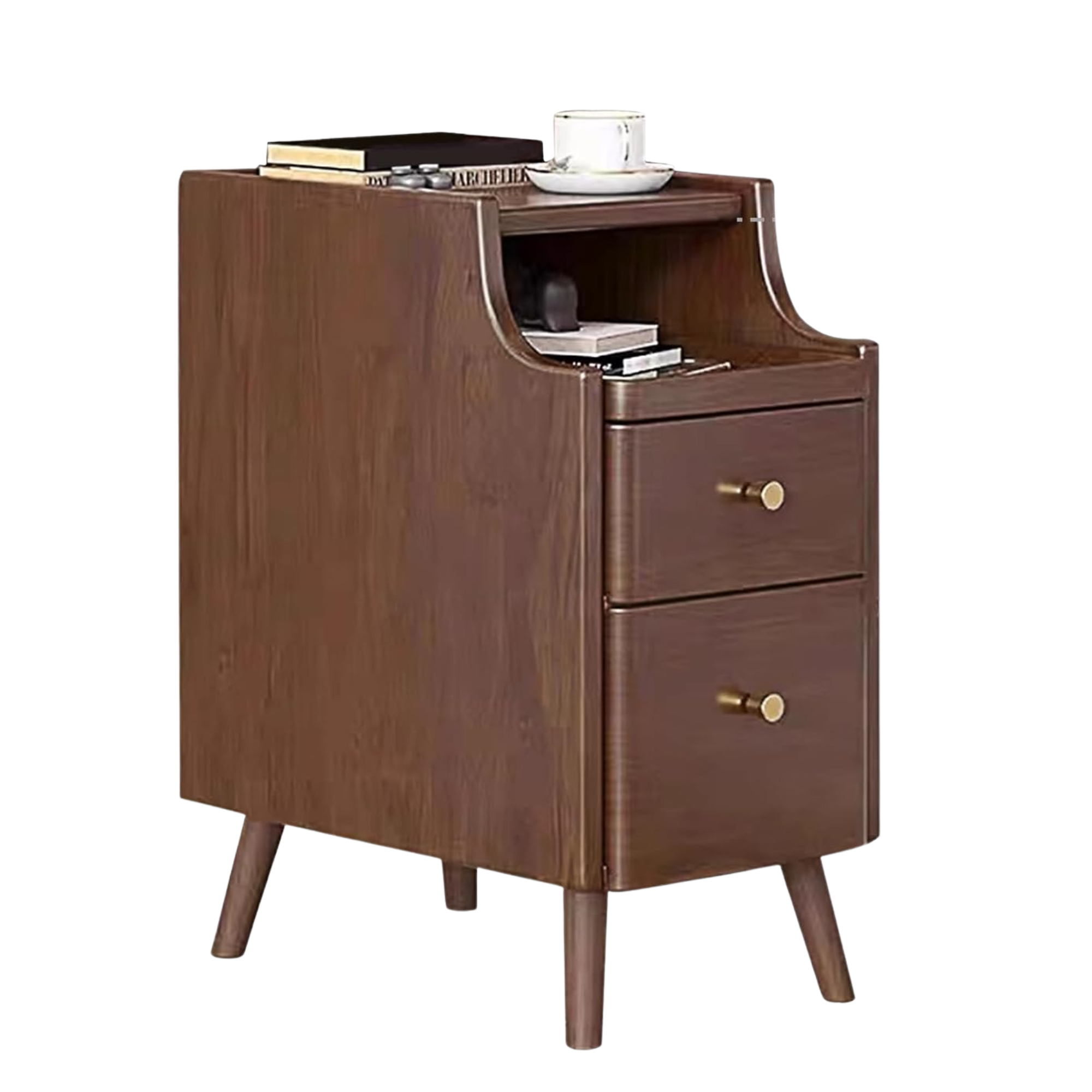 a dark wood nightstand with two drawers, an open shelf, and a top surface holding books and a cup of tea