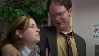 Pam (Jenna Fischer) and Dwight (Rainn Wilson) get along after Dwight's concussion