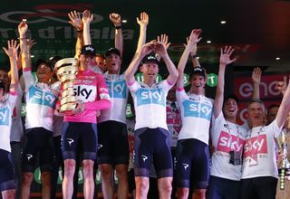 Chris Froome and his Team Sky teammates celebrate his 2018 Giro d’Italia victory in Rome