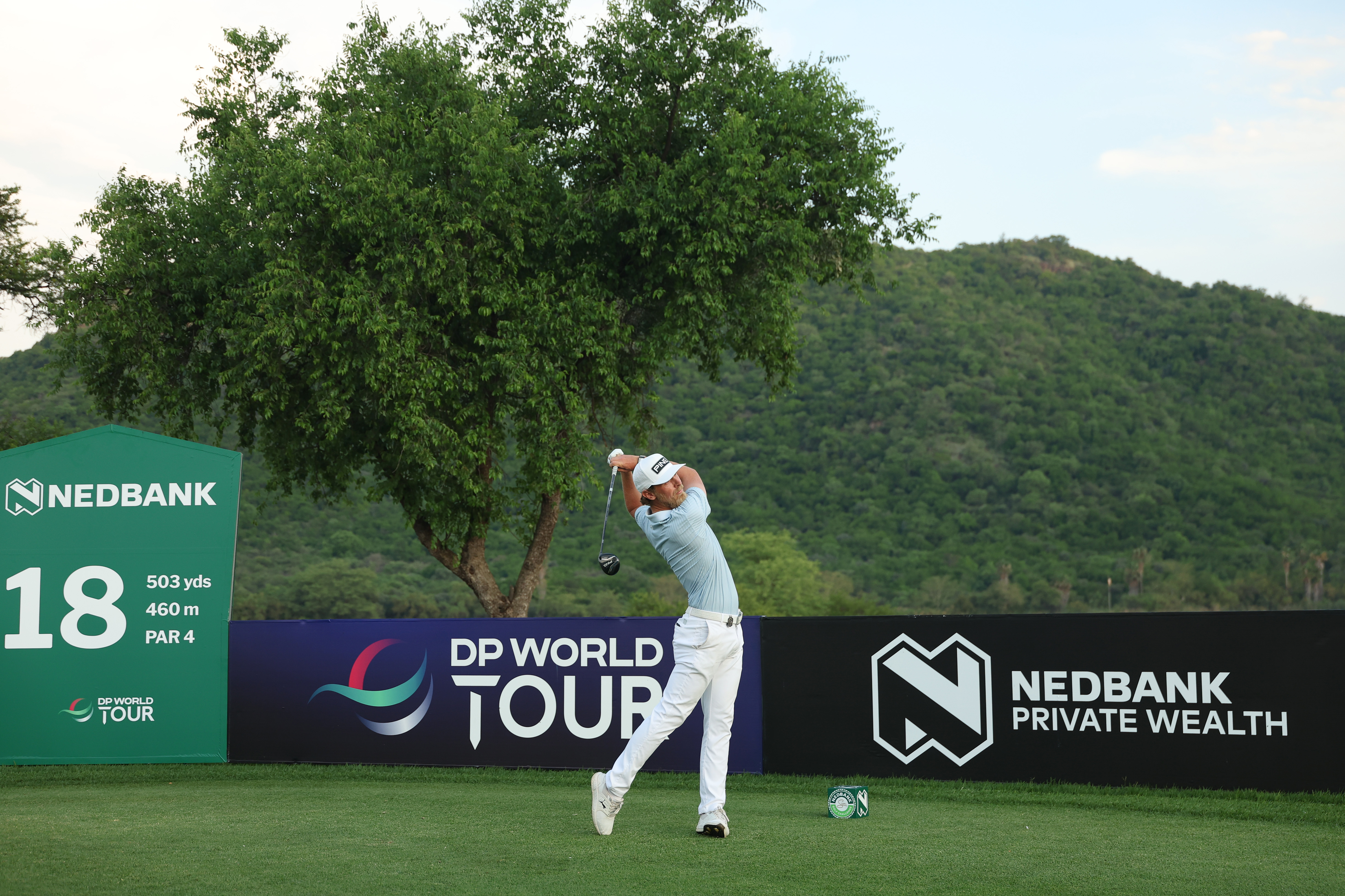 Kristoffer Reitan hits a fairway wood off the tee