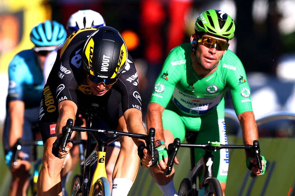 PARIS FRANCE JULY 18 Wout Van Aert of Belgium and Team JumboVisma Mark Cavendish of The United Kingdom and Team Deceuninck QuickStep Green Points Jersey sprint at arrival during the 108th Tour de France 2021 Stage 21 a 1084km stage from Chatou to Paris Champslyses LeTour TDF2021 on July 18 2021 in Paris France Photo by Michael SteeleGetty Images