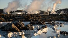 view of the Svartsengi geothermal power plant, next to the blue lagoon, in Iceland