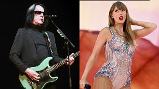 LEFT: Todd Rundgren performs onstage during the 50th anniversary tribute tour celebrating The White Album at The Wiltern on December 11, 2019 in Los Angeles RIGHT: Swift performs on stage during the "Taylor Swift | The Eras Tour" at Wembley Stadium on August 15, 2024 in London, England.