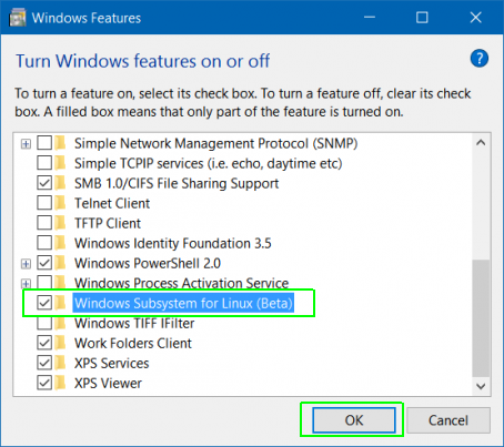 Toggle Windows Subsystem for Linux to On