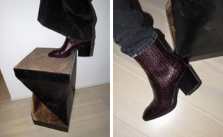 Two images, Left- A booted foot on a block, Right- A booted foot