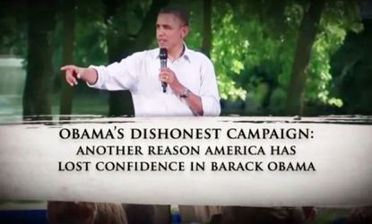 Team Romney's new ad against Obama's claims that Romney was outsourcing jobs at Bain Capital ends by saying, "Obama's dishonest campaign: Another reason America has lost confidence in Barack 