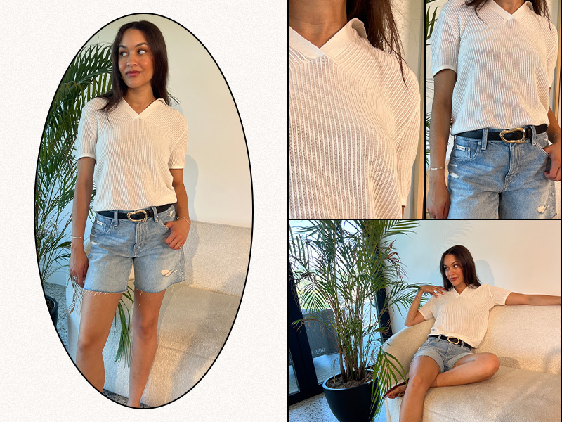 Editro wearing denim shorts and collared shirt