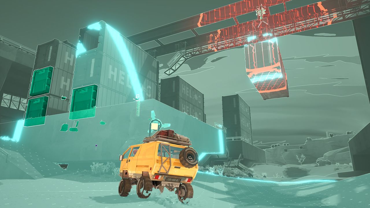 Caravan SandWitch scene showcasing cartoony art style amid stark, yet vibrant deserts with decaying technology and structures visible