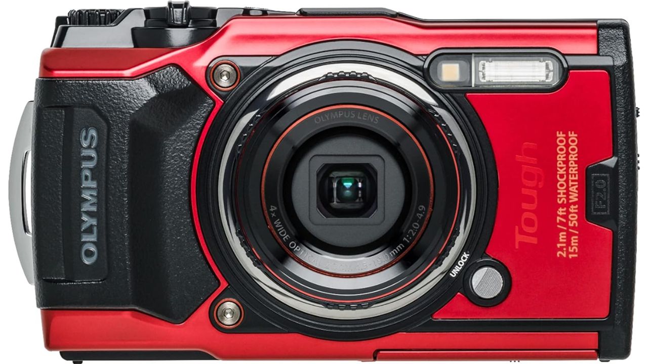 Front view of the red Olympus Tough TG-6 camera.
