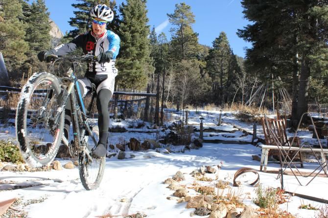 Macky Franklin practices a rear wheel hop in the snow