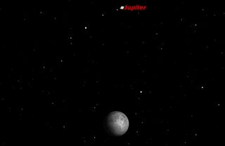 Monday, April 18, 1 a.m. EDT. The waxing gibbous moon will pass just south of Jupiter.