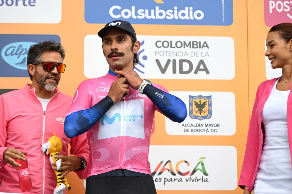 PAIPA COLOMBIA FEBRUARY 06 Fernando Gaviria of Colombia and Movistar Team celebrates at podium as Pink Points Jersey winner during the 4th Tour Colombia 2024 Stage 1 a 1686km stage from Paipa to Santa Rosa de Viterbo 2751m on February 06 2024 in Paipa Colombia Photo by Maximiliano BlancoGetty Images