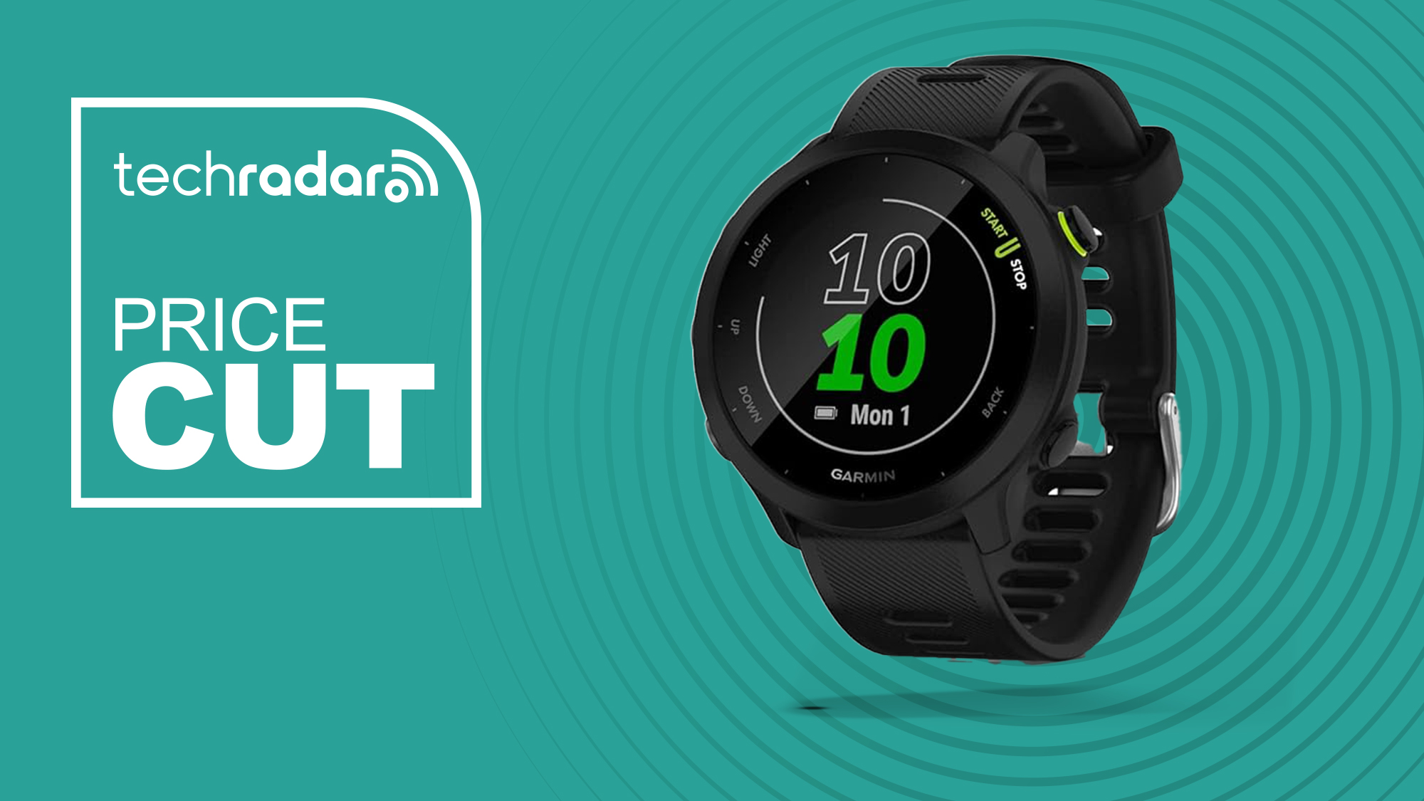 Garmin Forerunner 55 smartwatch on a green TechRadar deals background