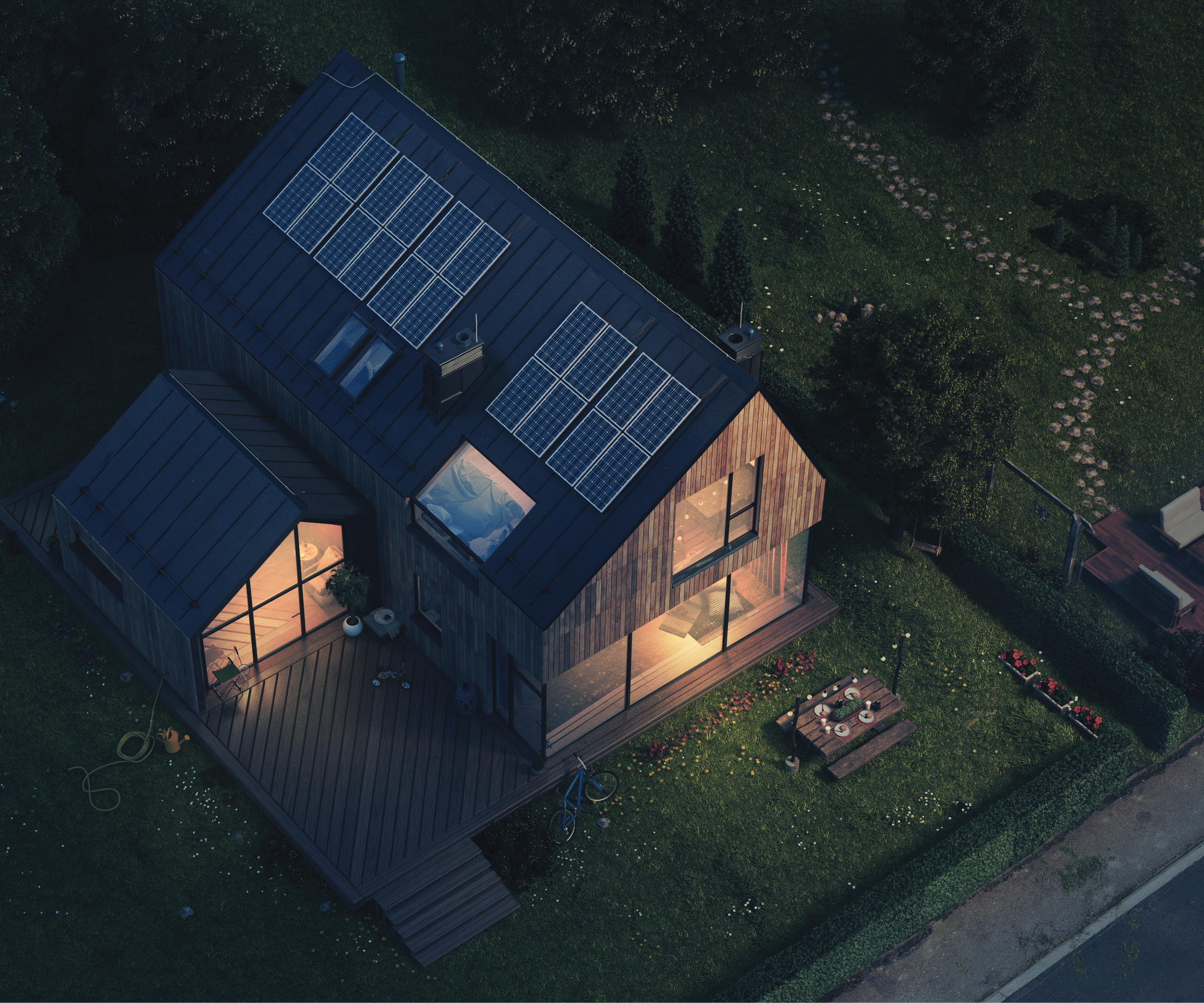 night time birds eye view of new build home with solar panels on the roof