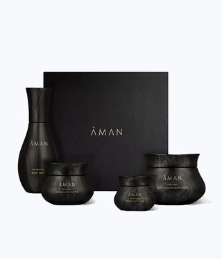 Skincare products in black packaging