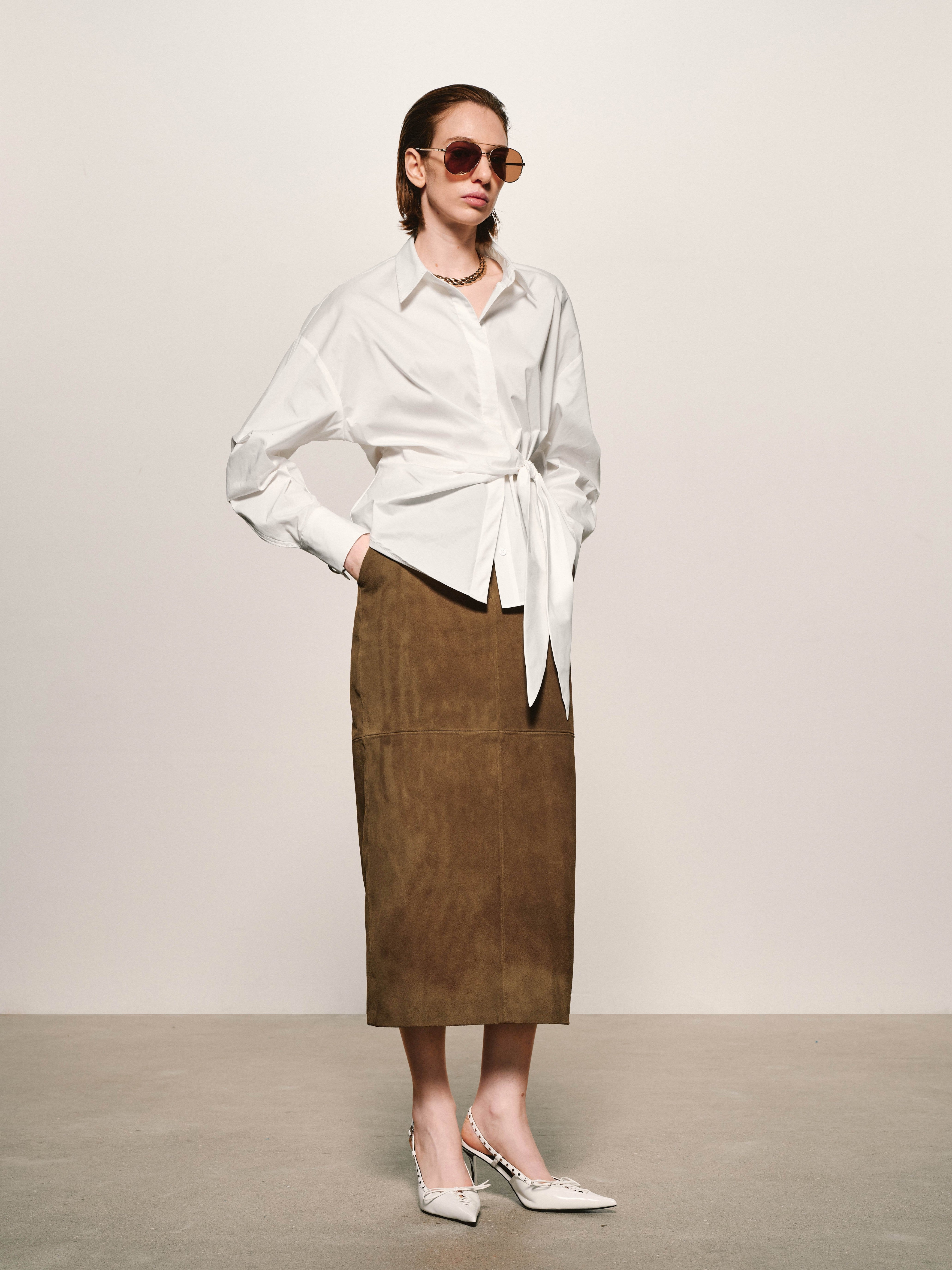 Suede Column Midi Skirt